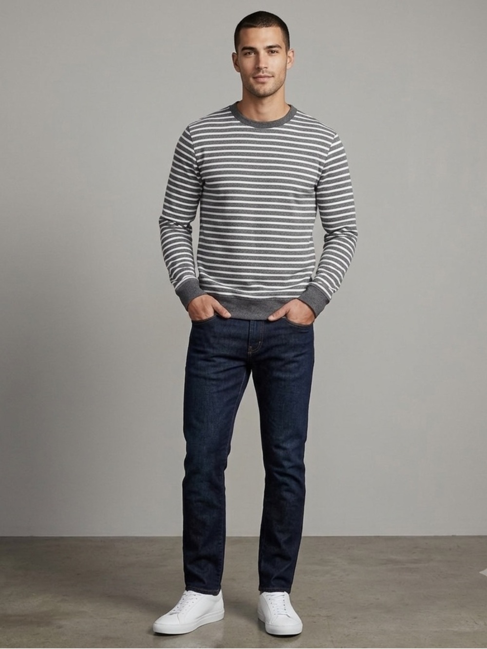 H&M Men's Gray and White Striped Crewneck Sweatshirt, size large